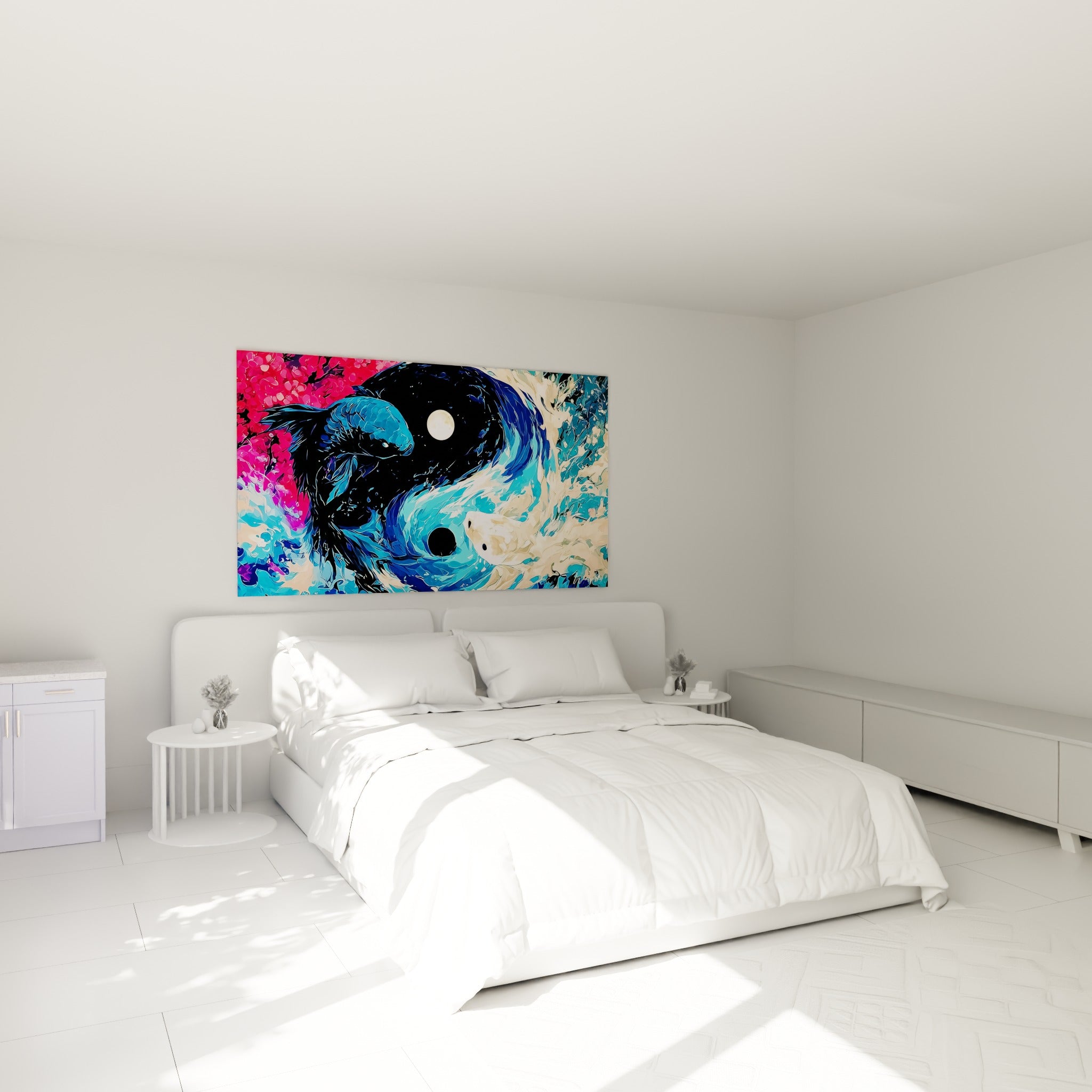 Yin Yang bleu marine et ocre, poissons koï en mouvement, au-dessus d'un lit dans une chambre claire