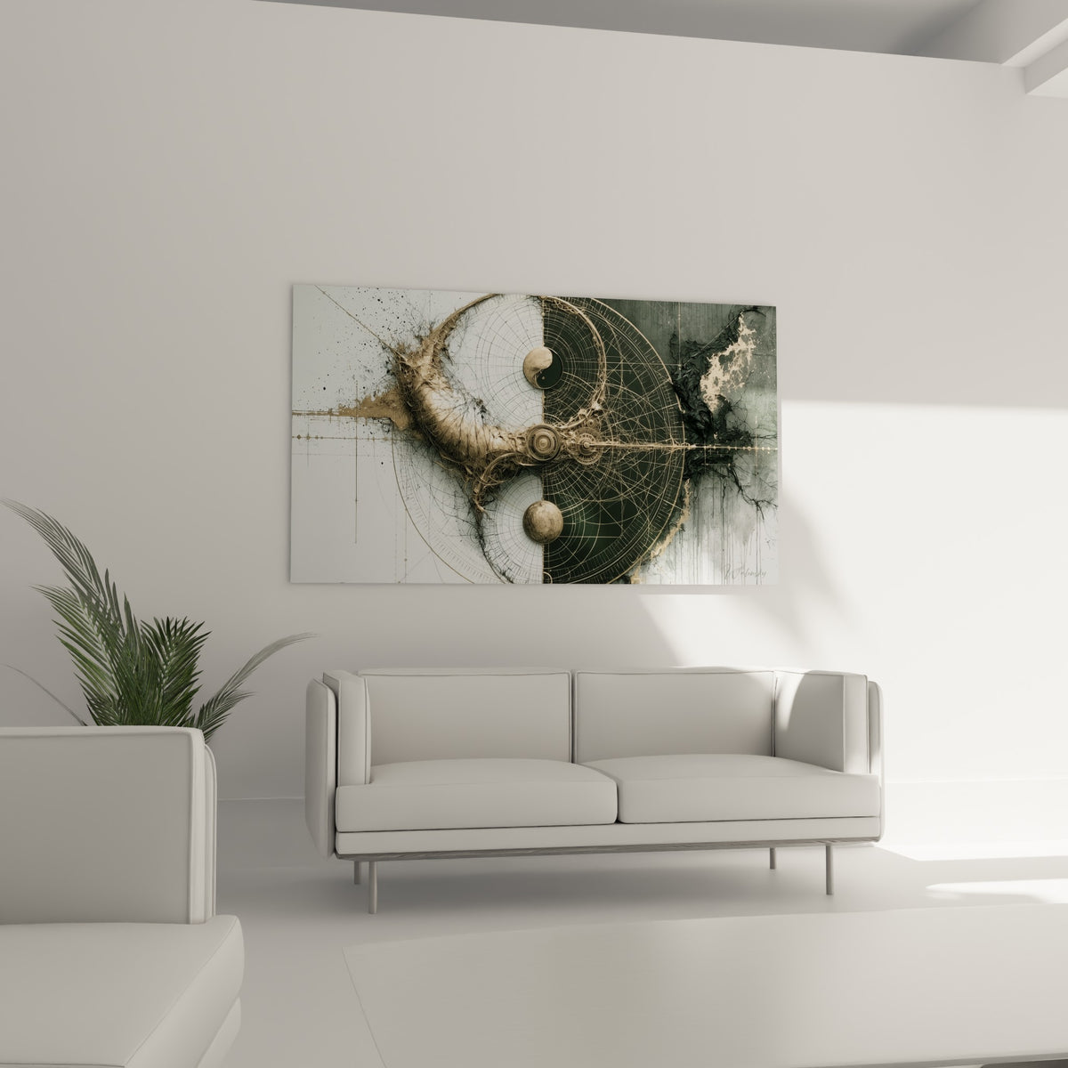 Yin Yang mécanique aux teintes beige et vert sombre au-dessus d'un canapé dans un salon lumineux