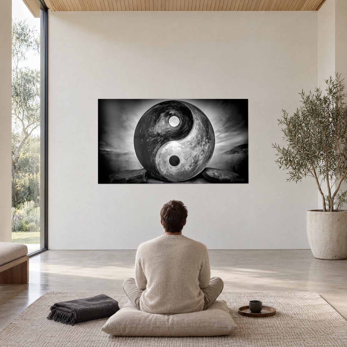 Πίνακας γιγαντιαίος δίσκος yin yang με ασημένιες και μαύρες ροές, θυελλώδης ουρανός, παρατηρούμενος από έναν άνδρα καθισμένο σε διαλογισμό πάνω σε μαξιλάρι