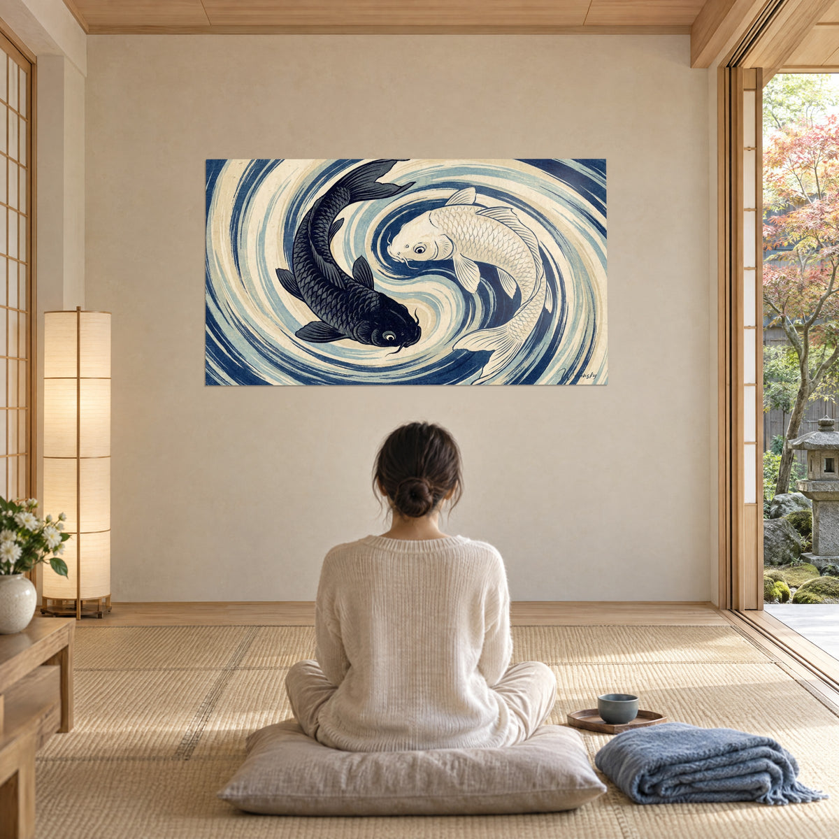 Cuadro yin yang de dos peces koi sobre un fondo de remolinos índigo y crema, una mujer de espaldas meditando sobre un cojín gris en una sala zen