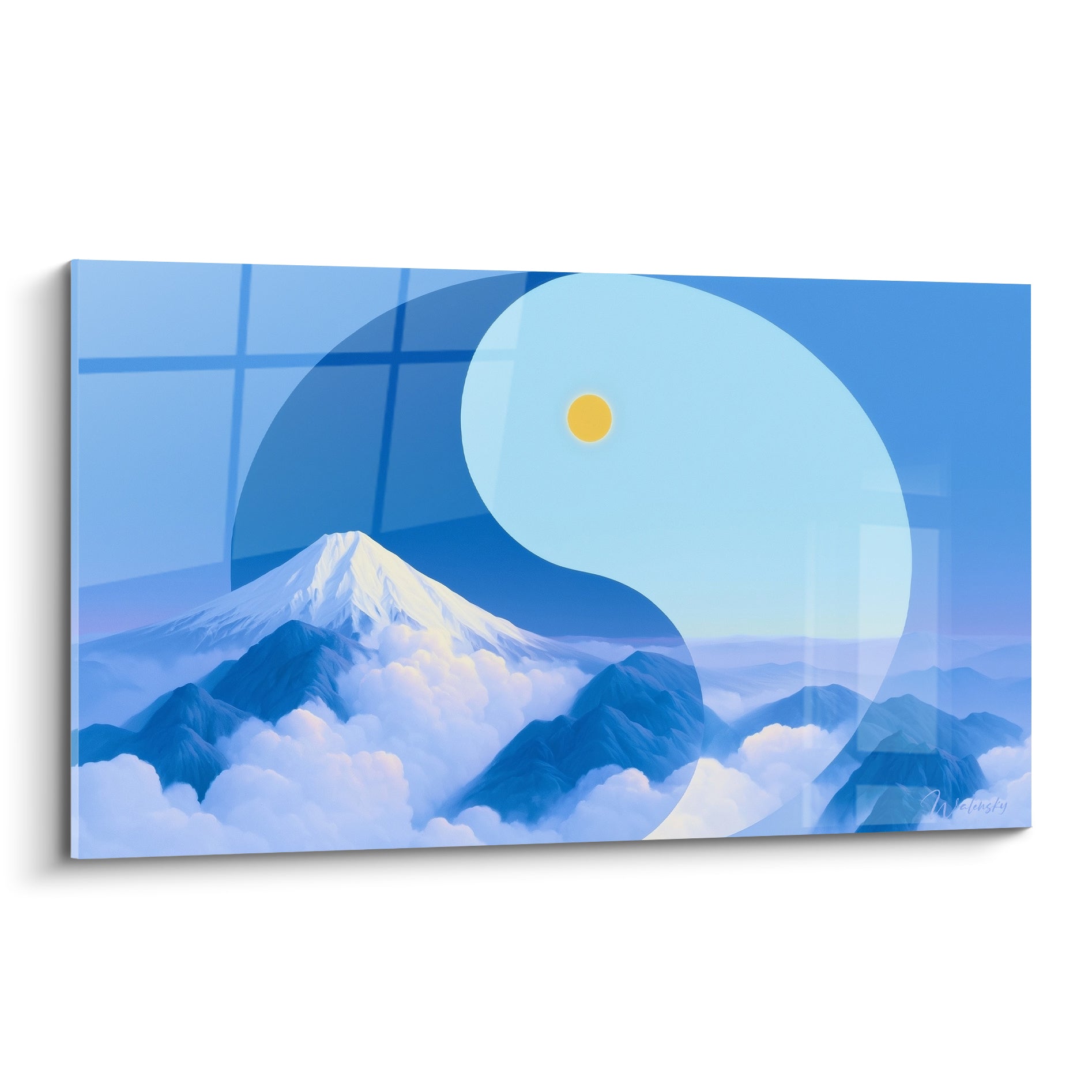Yin Yang orne une montagne enneigée bleu marine et blanc, soleil doré, style zen épuré