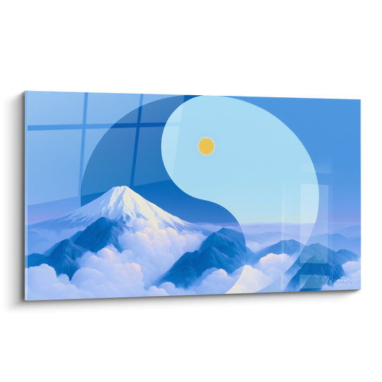 Yin Yang orne une montagne enneigée bleu marine et blanc, soleil doré, style zen épuré
