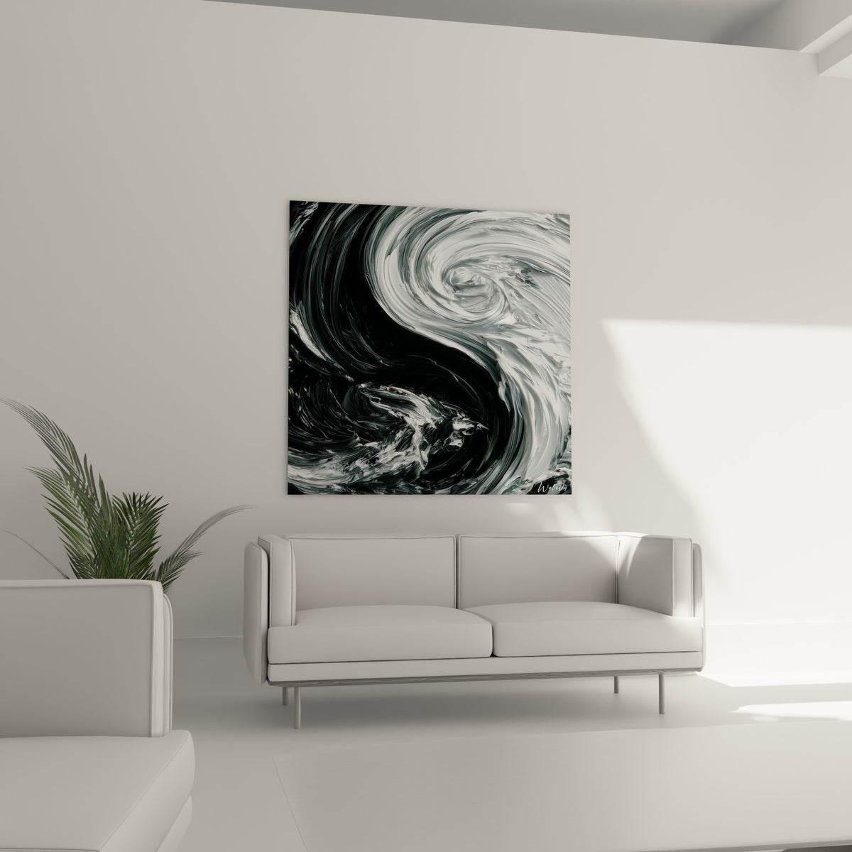 Mouvement fluide du tableau Yin Yang gris anthracite et blanc au-dessus d'un canapé dans un salon lumineux