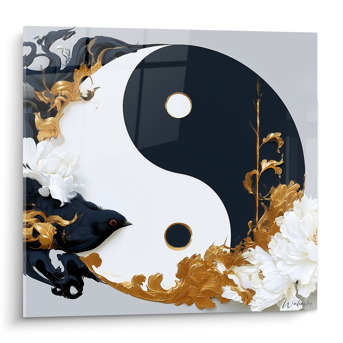 Symbole Yin Yang noir et blanc orné de pivoines blanches et volutes dorées
