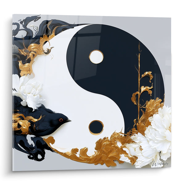 Tableau Symbole noir et blanc aux fleurs dorées - Équilibre serein - Edition Yin Yang