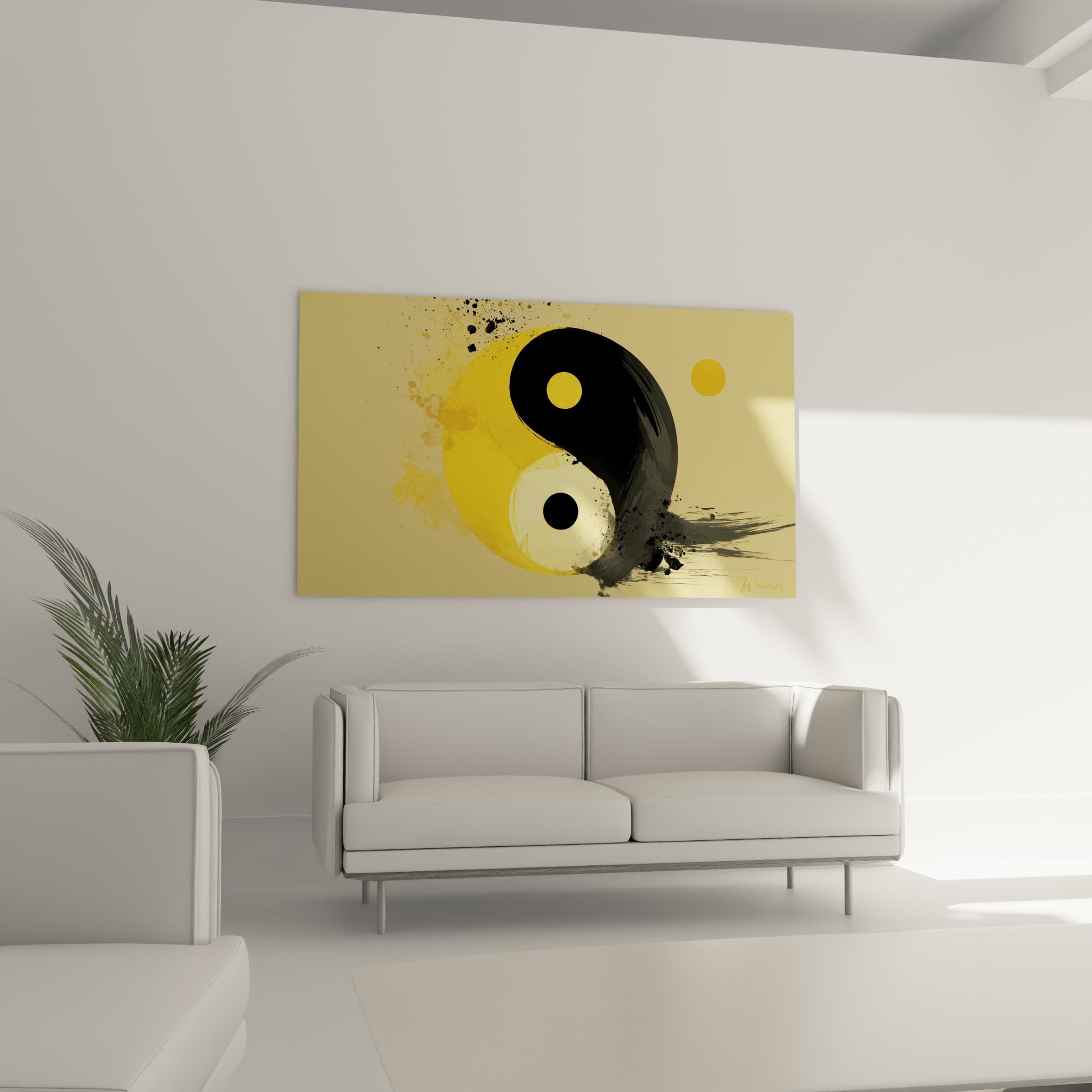 Cercle Yin Yang noir et ocre au-dessus d'un canapé dans un salon lumineux