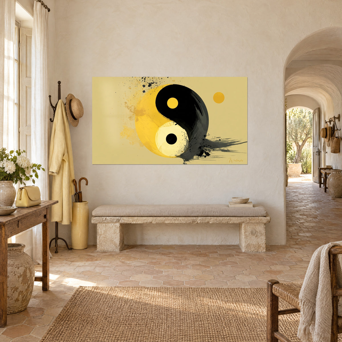 Wall art Taoist symbol, black spiral and pale lemon half with reversed dots, three-quarter view in a Provençal farmhouse