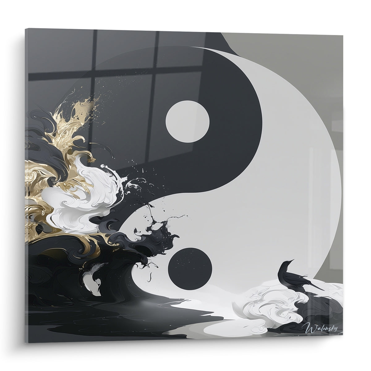 Symbole Yin Yang en noir anthracite et doré, vague tourbillonnante face à un blanc immaculé