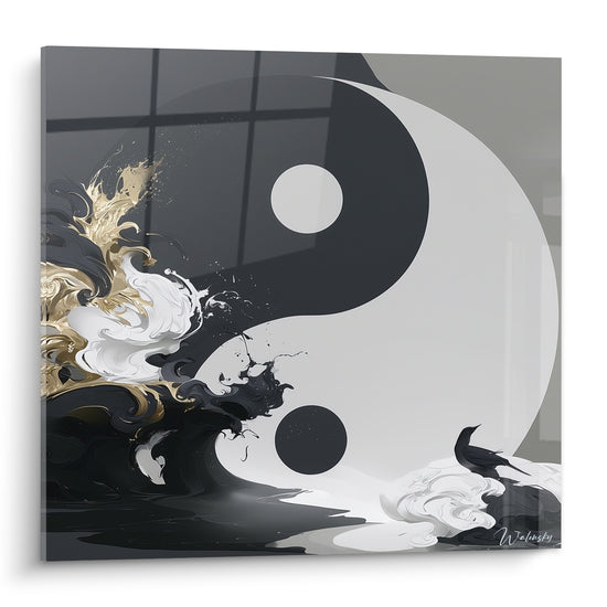 Symbole Yin Yang en noir anthracite et doré, vague tourbillonnante face à un blanc immaculé