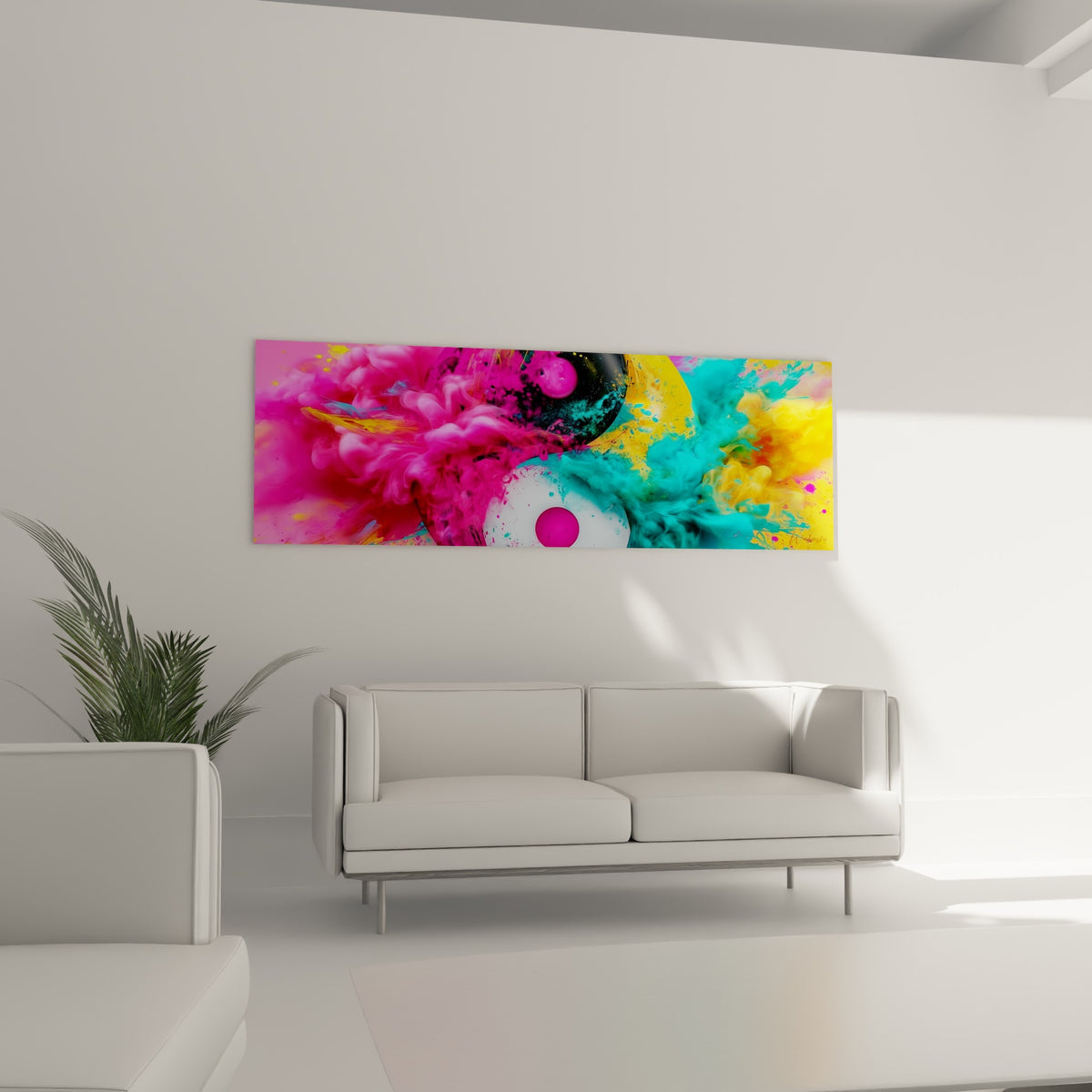 Cercle yin yang traversé de fumées roses et jaunes, disposé au-dessus d'un canapé dans un salon lumineux