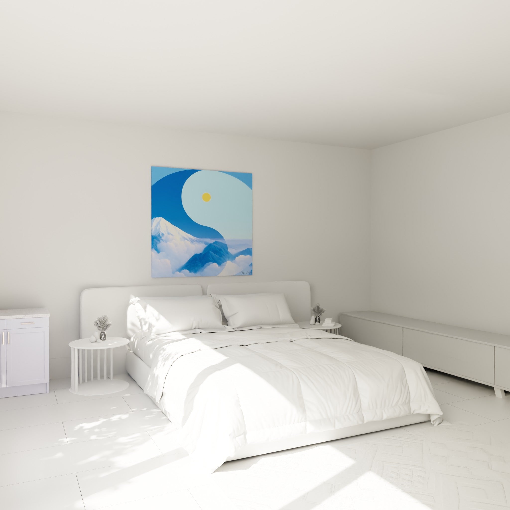 Montagne bleue et nuages blancs du Yin Yang accrochés au-dessus d'un lit dans une chambre claire