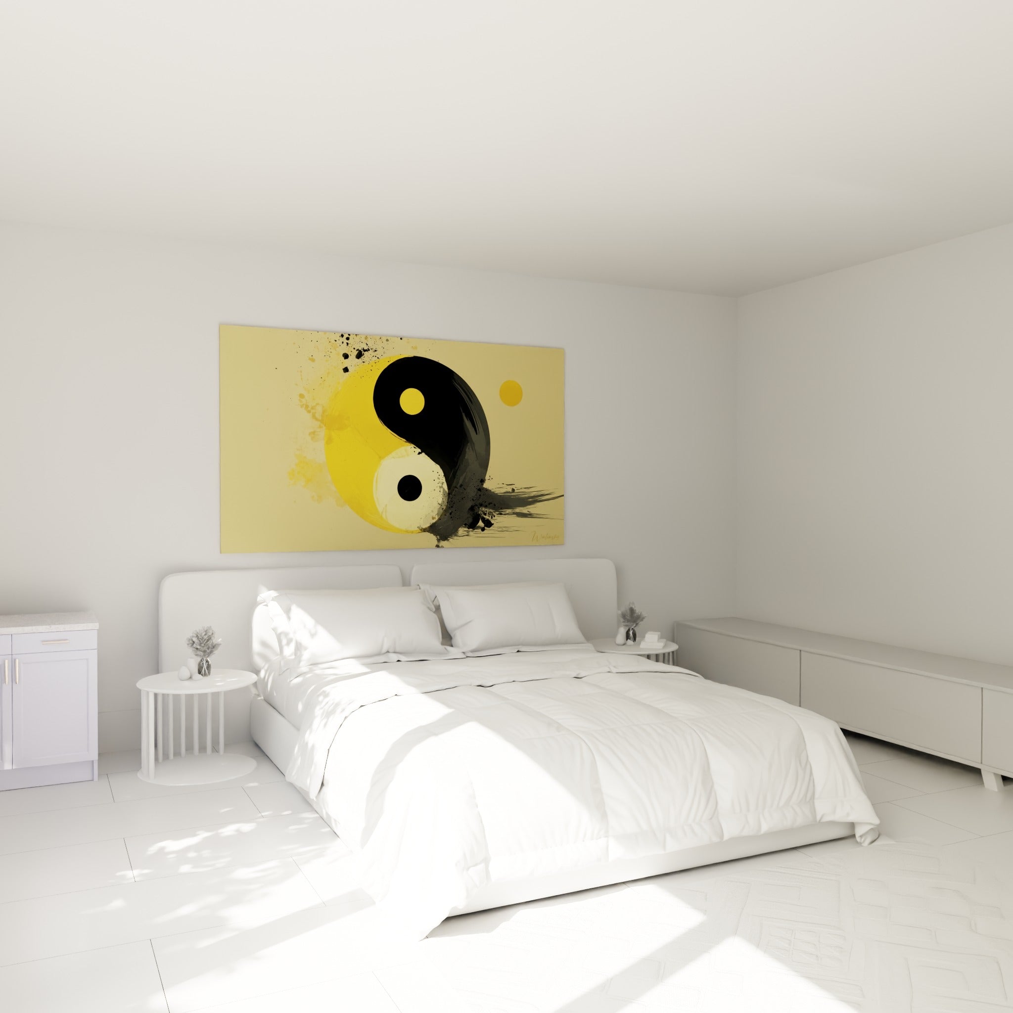Symbole Yin Yang doré et anthracite au-dessus d'un lit dans une chambre claire
