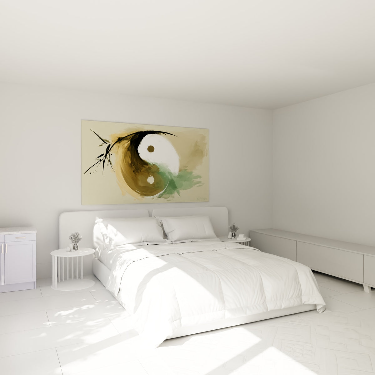 Yin Yang ocre et blanc, dégradés doux, accroché au-dessus d'un lit dans une chambre claire