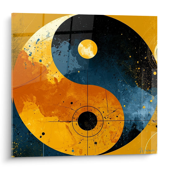 Symbole Yin Yang en orange terracotta et bleu marine éclaboussé de noir sur fond texturé