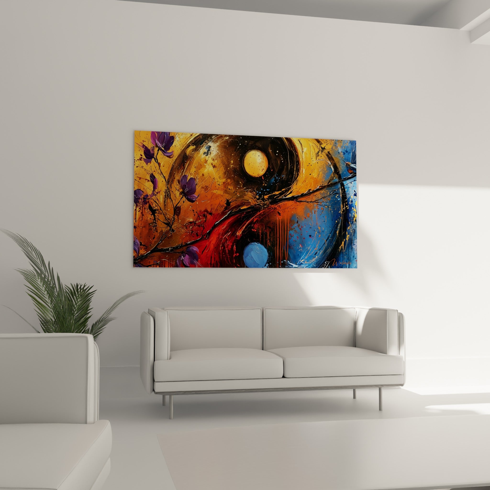 Yin Yang fauve et bleu pastel, oiseau perché sur branche, au-dessus d'un canapé dans un salon lumineux