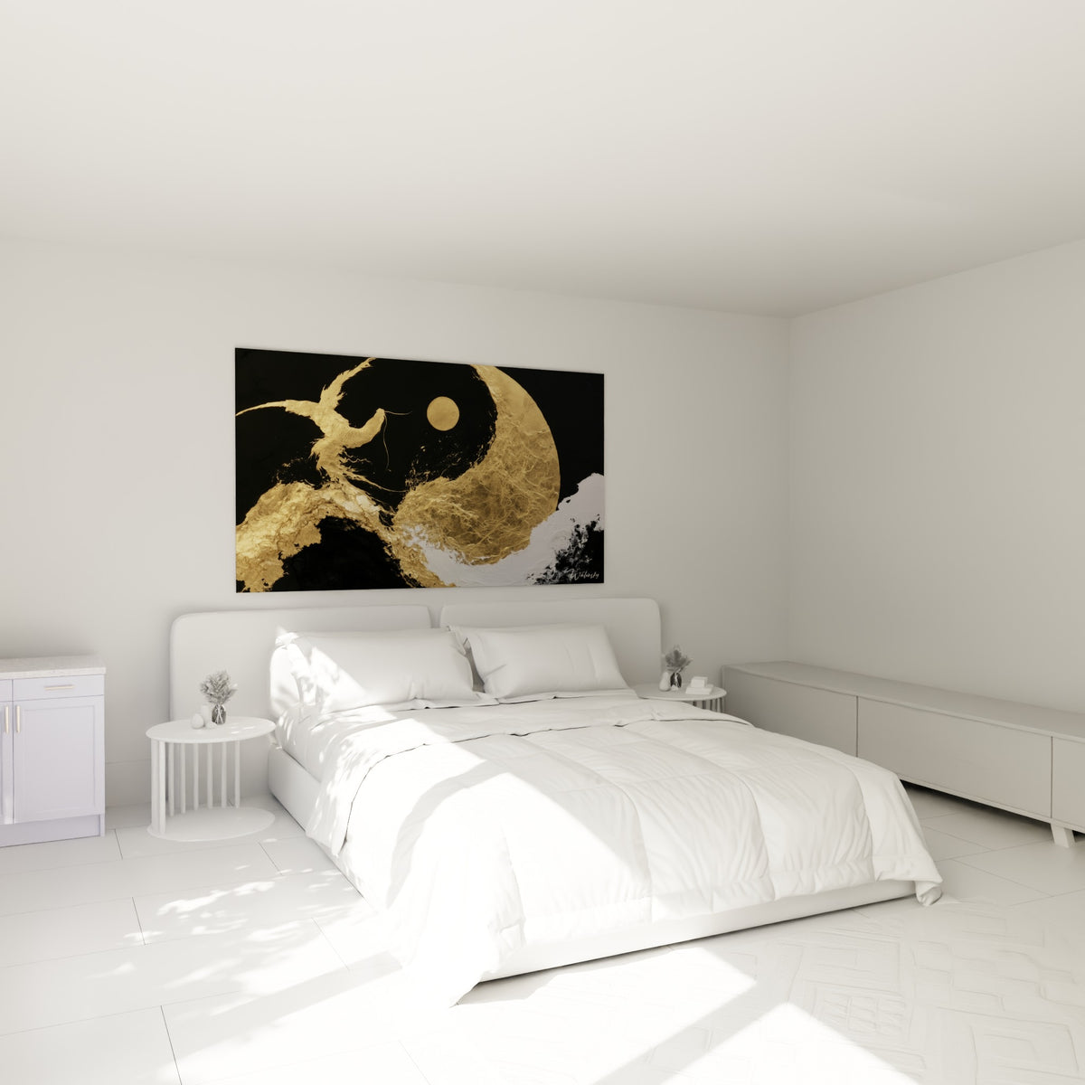 Symbole Yin Yang doré et anthracite au-dessus d'un lit dans une chambre claire