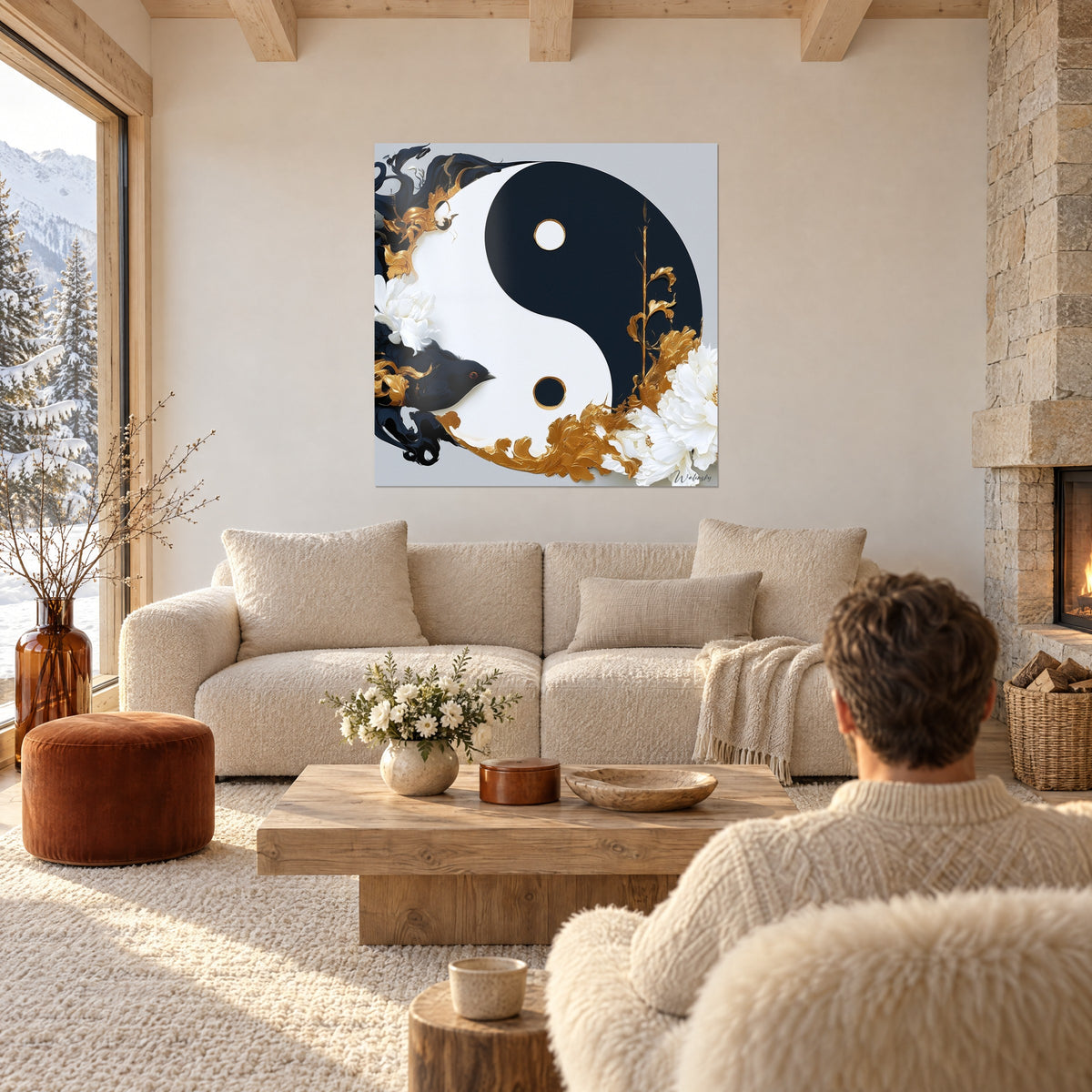 Πίνακας σύμβολο yin yang μαύρο και λευκό περιτριγυρισμένο από χρυσές παιώνιες, ένας άντρας από πίσω πάνω από έναν καναπέ σε φωτεινό σαλόνι