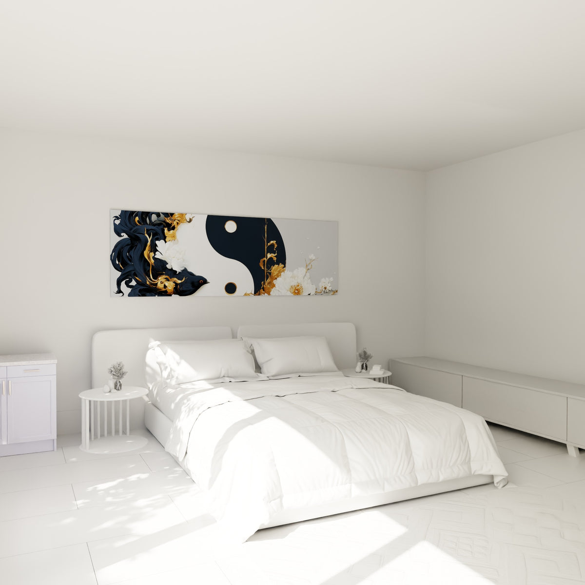 Pivoines blanches et symbole Yin Yang doré au-dessus d'un lit dans une chambre claire