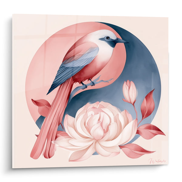 Tableau Oiseau rose et bleu perché sur pivoine - Douceur suspendue - Edition Yin Yang
