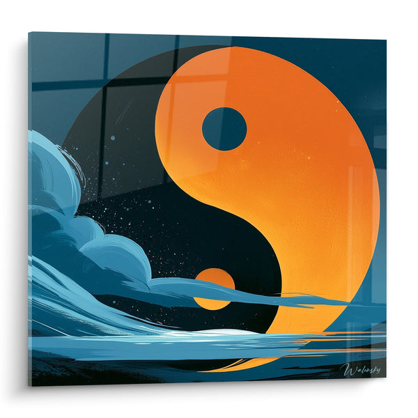 Tableau Symbole orange et bleu au ciel étoilé - Vagues et écume - Edition Yin Yang