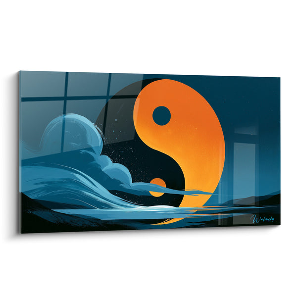 Tableau Symbole orange et bleu nuit aux collines sombres - Reflet sur l'eau - Edition Yin Yang