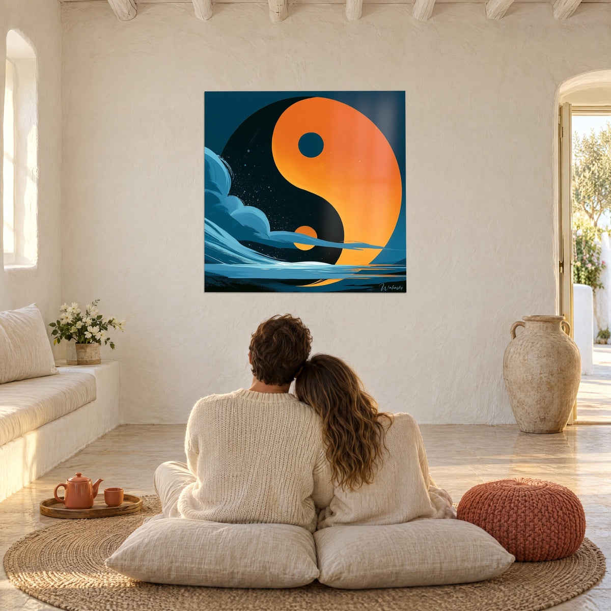 Tableau équilibre orange et noir d'un yin yang sur mer bleue, couple de dos sur coussins blancs, maison méditerranéenne