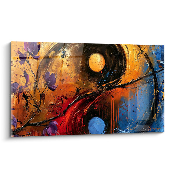 Tableau Symbole doré et bleu aux fleurs violettes - Bascule des contraires - Edition Yin Yang
