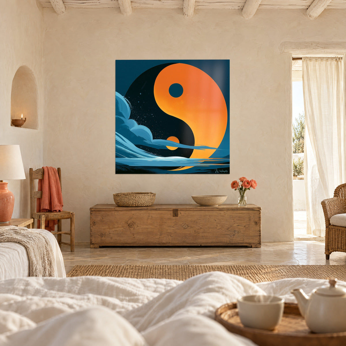 Tableau soleil orange partagé avec la nuit noire, vagues d'écume bleu pâle, au-dessus d'un lit dans une chambre claire