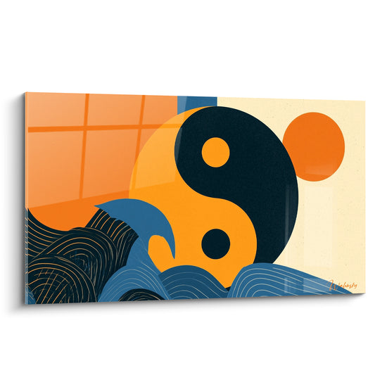 Yin Yang orange et anthracite surplombant des vagues bleu marine stylisées