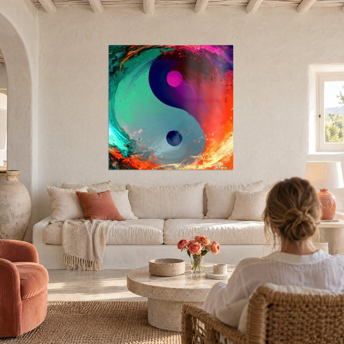 Schilderij met yin yang-symbool in turquoise en oranje, magenta en indigo stippen, boven een bank in een lichte woonkamer