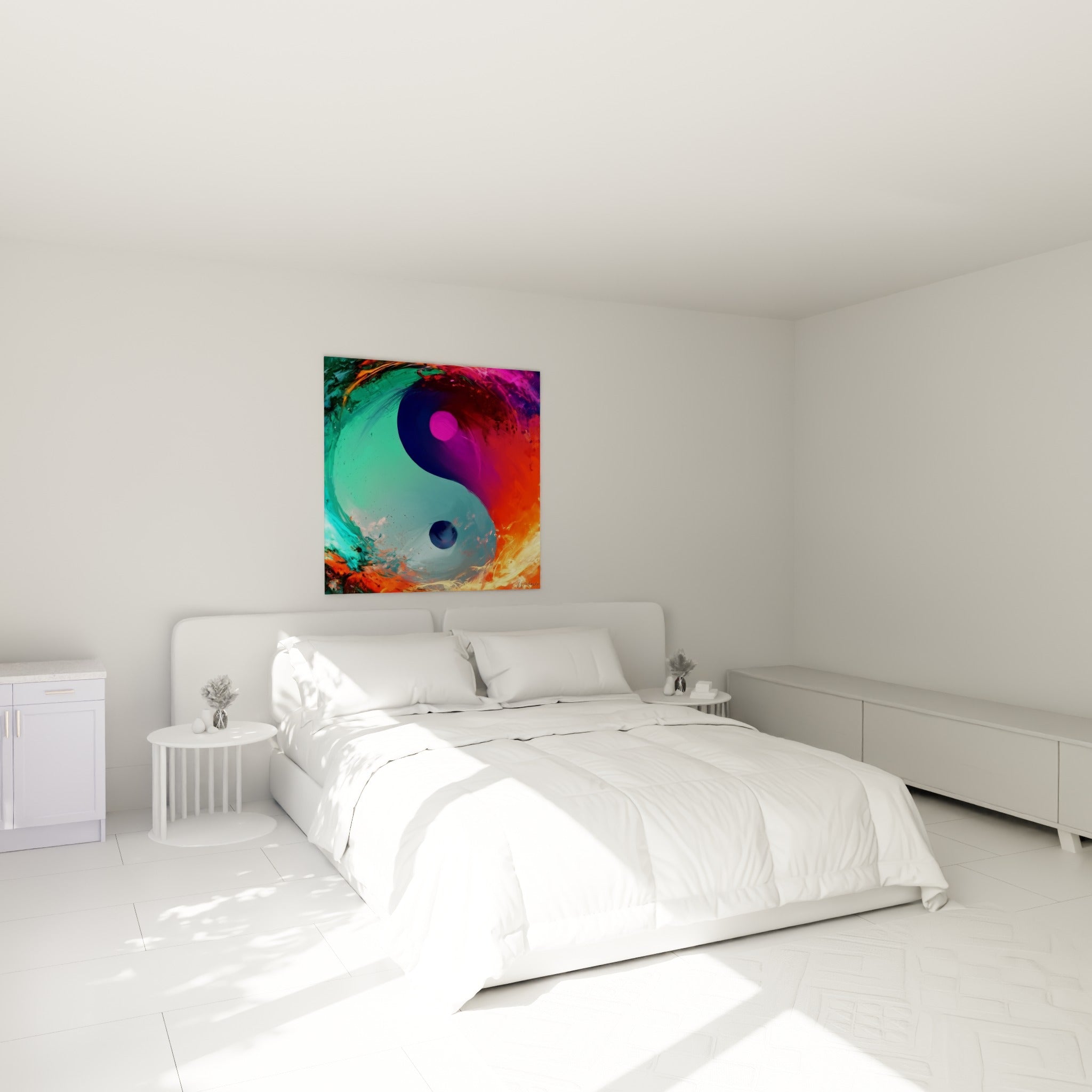 Symbole Yin Yang orange et turquoise au-dessus d'un lit dans une chambre claire