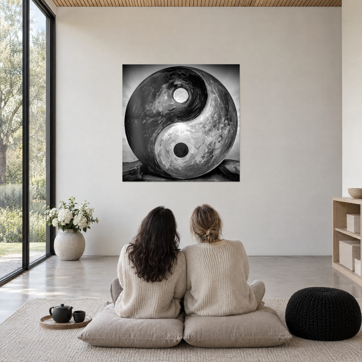 Tableau harmonie des contraires en noir charbon et blanc lunaire, orbe sur rochers, devant deux femmes assises sur des coussins