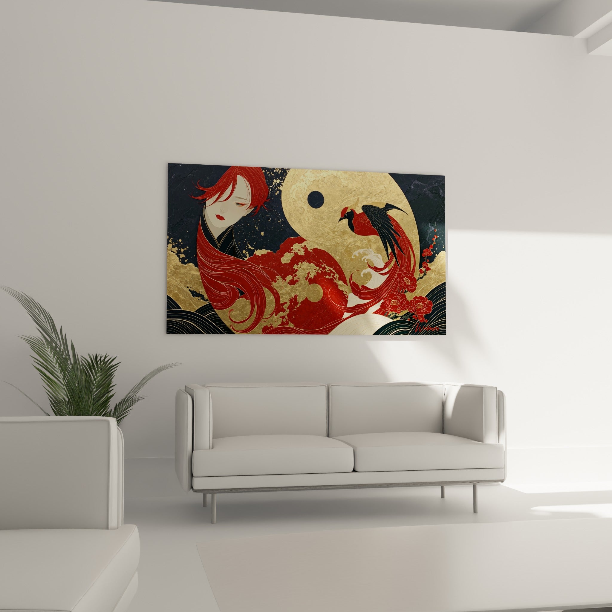 Vagues dorées et pivoines rouges du tableau Yin Yang au-dessus d'un canapé dans un salon lumineux
