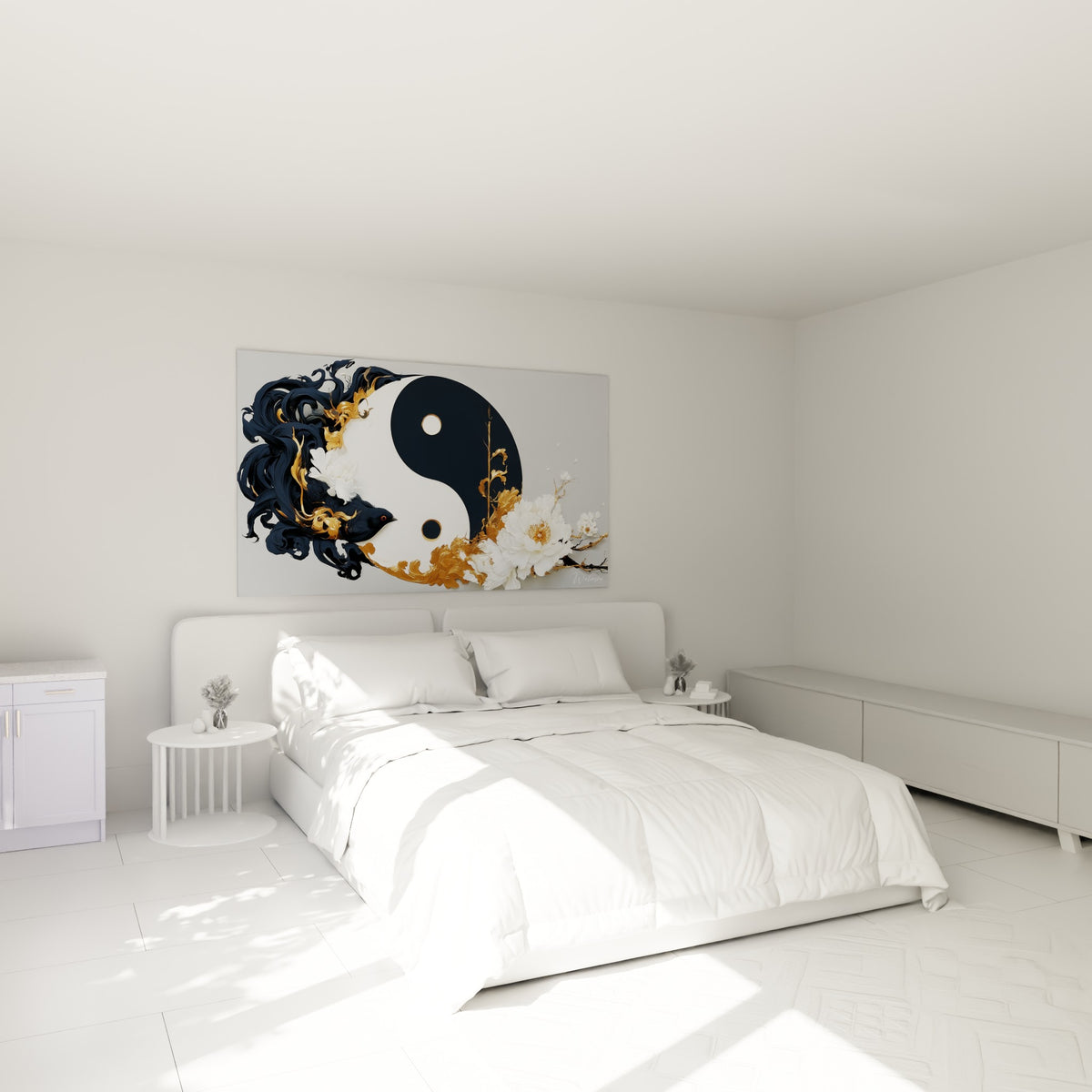 Pivoines blanches et symbole Yin Yang doré au-dessus d'un lit dans une chambre claire