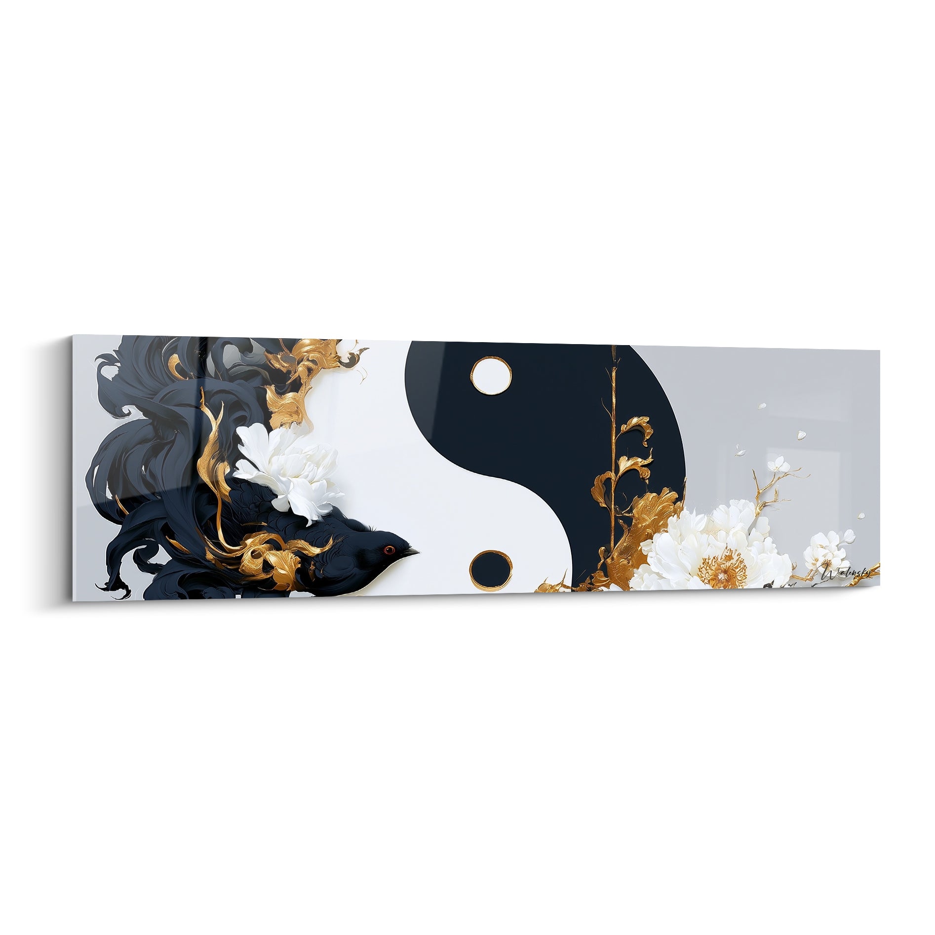 Yin Yang noir et blanc orné de pivoines blanches et volutes dorées, oiseau noir