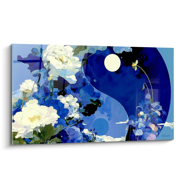 Tableau Symbole bleu et blanc aux pivoines fleuries - Pleine lune ivoire - Edition Yin Yang
