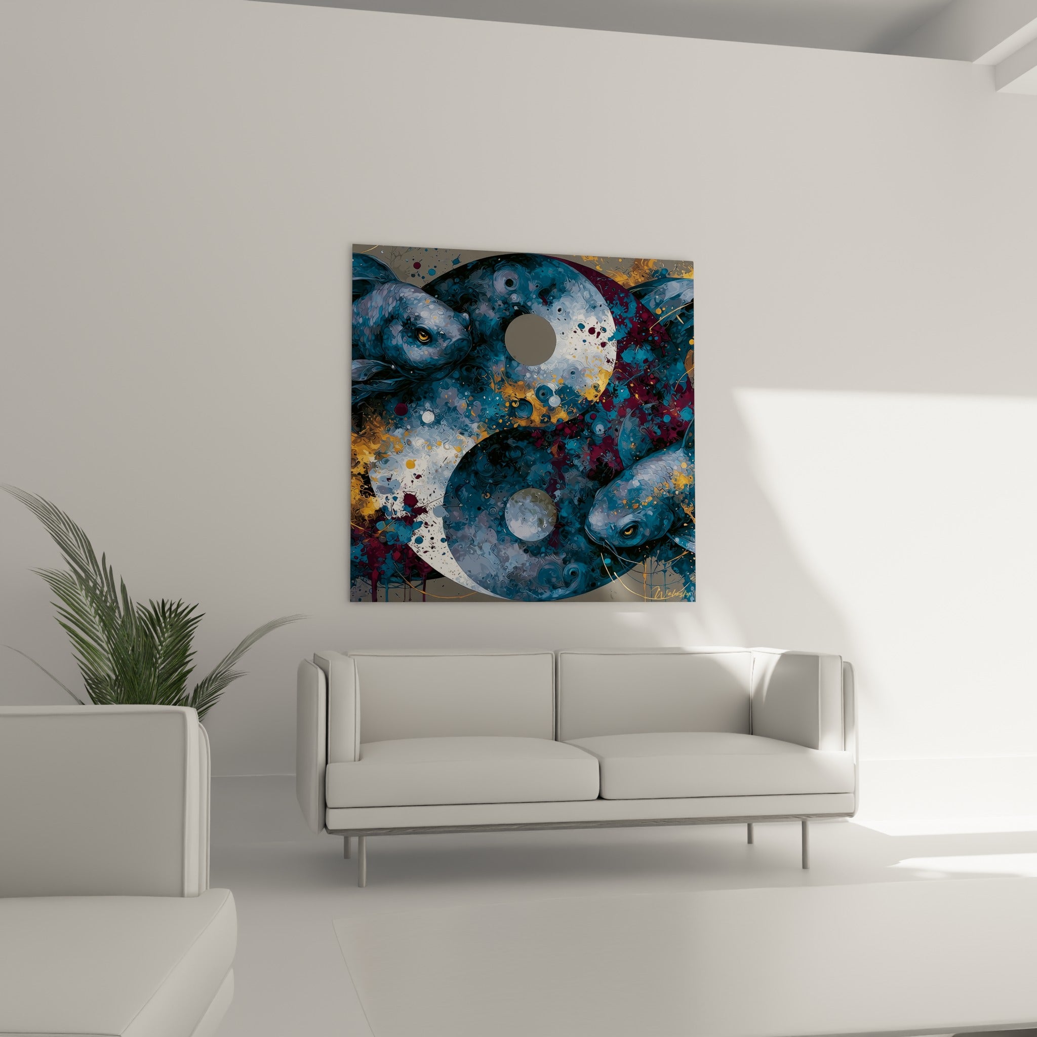 Poissons bleu pétrole formant un Yin Yang doré, suspendus au-dessus d'un canapé dans un salon lumineux