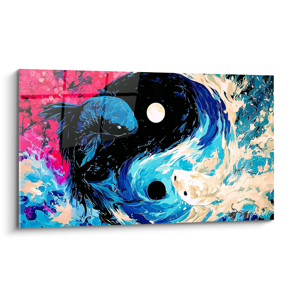 Yin Yang aux poissons koï bleu marine et rose fuchsia, tourbillon aquatique et lune blanche