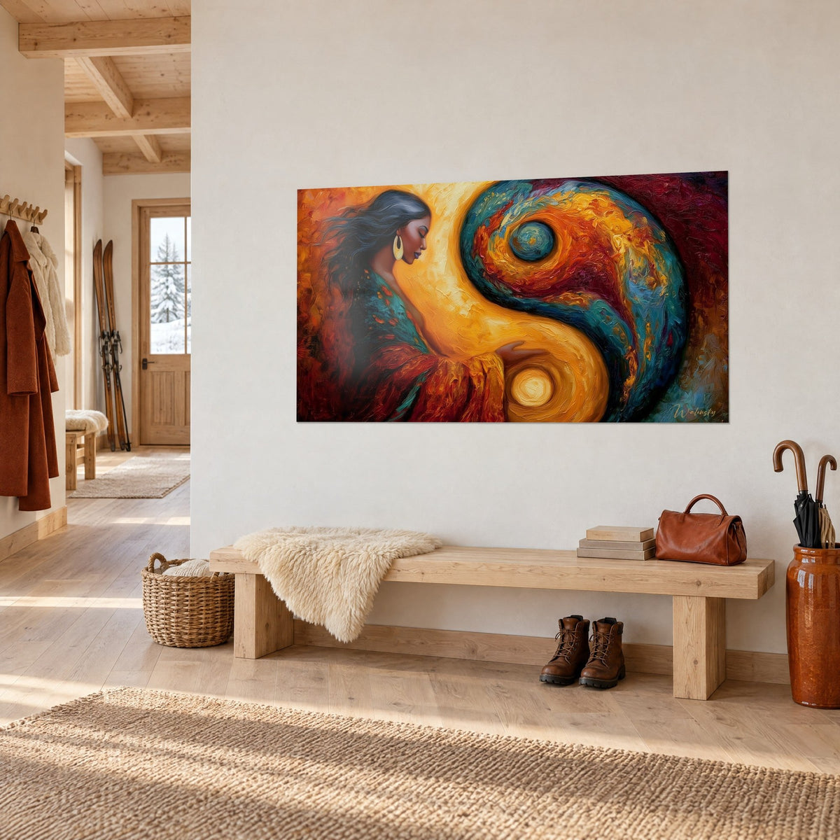 Tableau portrait féminin de profil, paupières closes, spirale ambre et bleu canard, sur un mur blanc d'entrée en chalet