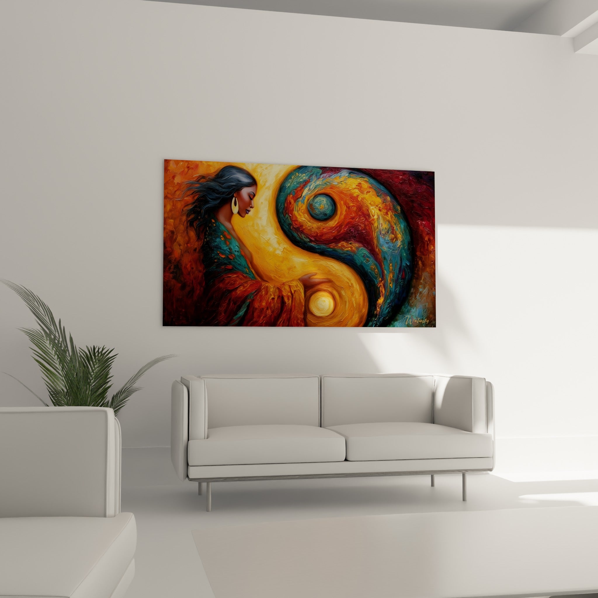 Portrait recueilli et cercle ocre turquoise, tableau Yin Yang au-dessus d'un canapé dans un salon lumineux
