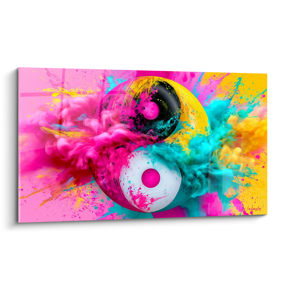 Tableau Symbole rose et turquoise en explosion de poudre - Collision de couleurs - Edition Yin Yang