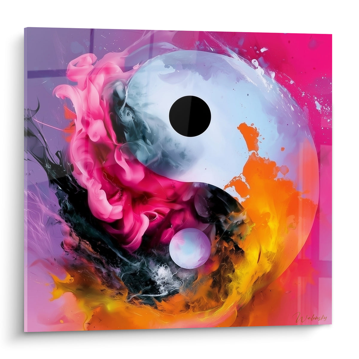 Symbole Yin Yang aux volutes roses fuchsia et flammes orangées sur fond dégradé pourpre