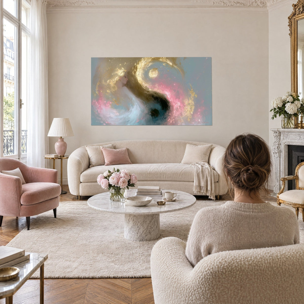 Quadro yin yang dorato e rosa con volute cosmiche, luna d'oro su fondo grigio-azzurro, sopra un divano in un soggiorno luminoso