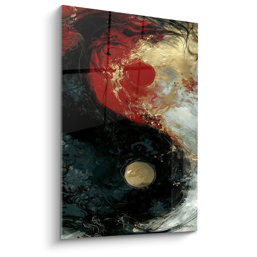 Tableau Symbole rouge et noir aux points dorés opposés - Écume blanche tourbillonnante - Edition Yin Yang