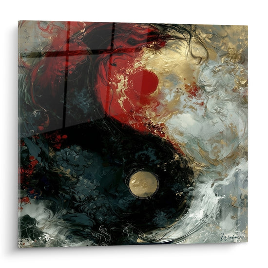 Symbole Yin Yang en volutes rouge et noir traversées d'éclats dorés, style peinture fluide brillante