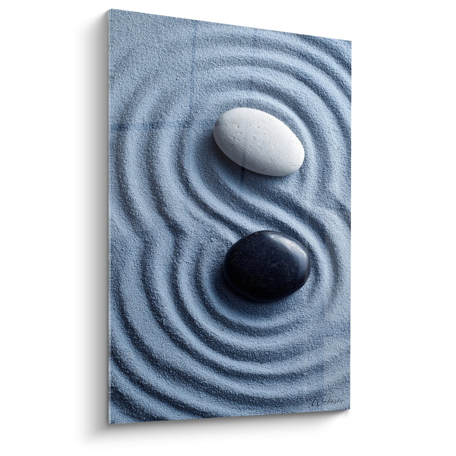 Tableau Yin Yang en sable bleu avec pierres noire et blanche - Équilibre Zen - Edition Sable