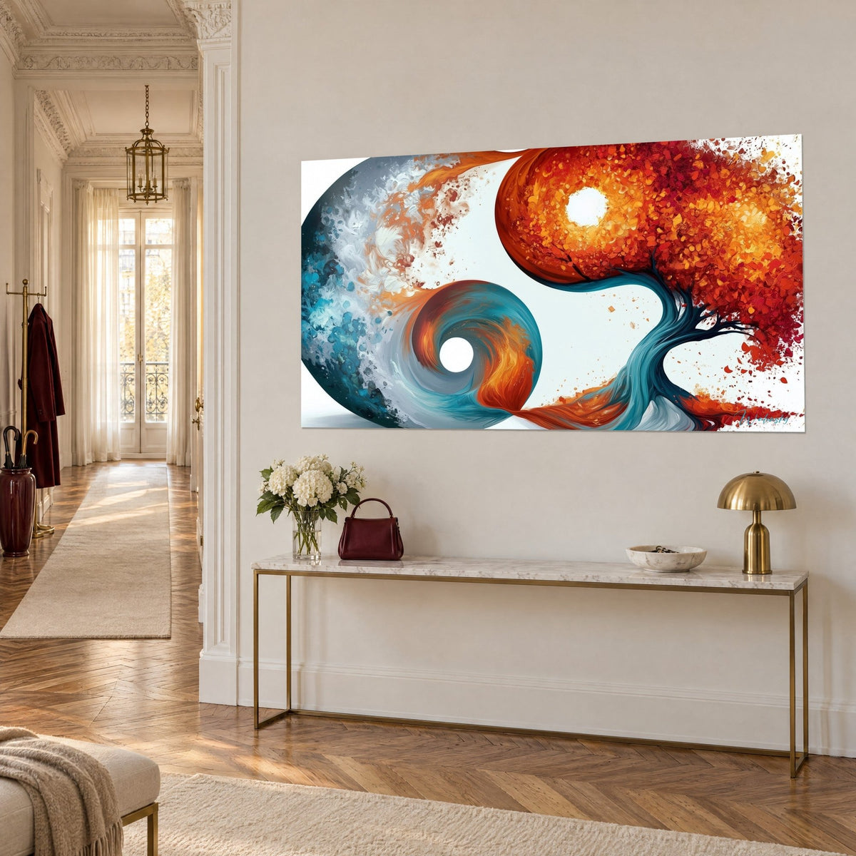 Tableau yin yang peint, couronne orangée en éclats et spirale bleu pétrole sur fond blanc, vu de trois-quarts, sur console dorée