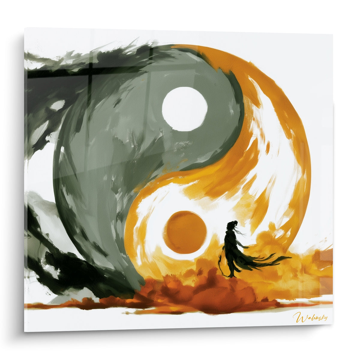 Silhouette noire face au symbole Yin Yang anthracite et ocre, technique aquarelle sur fond blanc