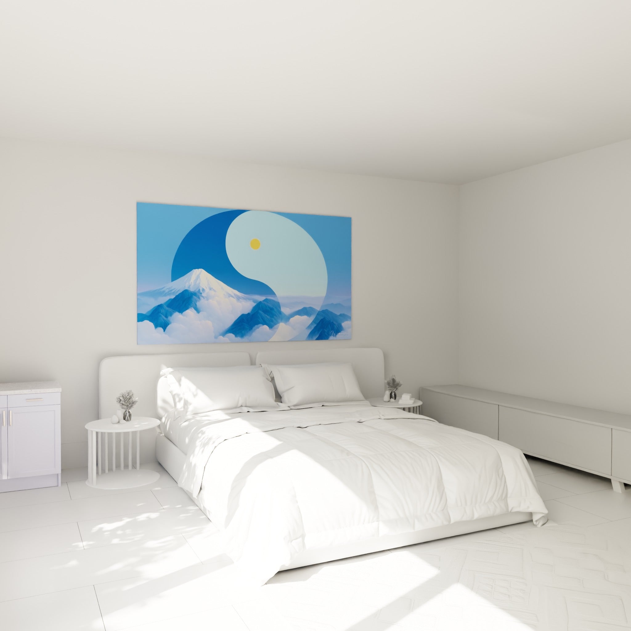 Sommet enneigé bleu pastel et symbole Yin Yang doré au-dessus d'un lit dans une chambre claire