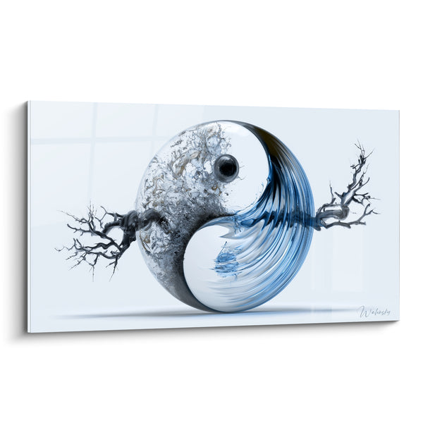 Tableau Symbole gris et bleu aux branches noueuses - Racines noires enchevêtrées - Edition Yin Yang